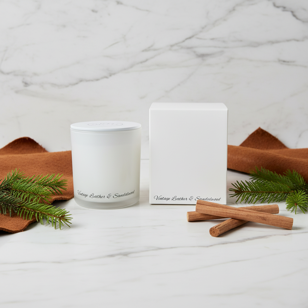 A white soy wax candle in a clear glass jar sits beside a white rectangular box on a white marble surface, styled with brown fabric, pine branches, and cinnamon sticks. The labels read 'Winter Breeze & Sandalwood'.