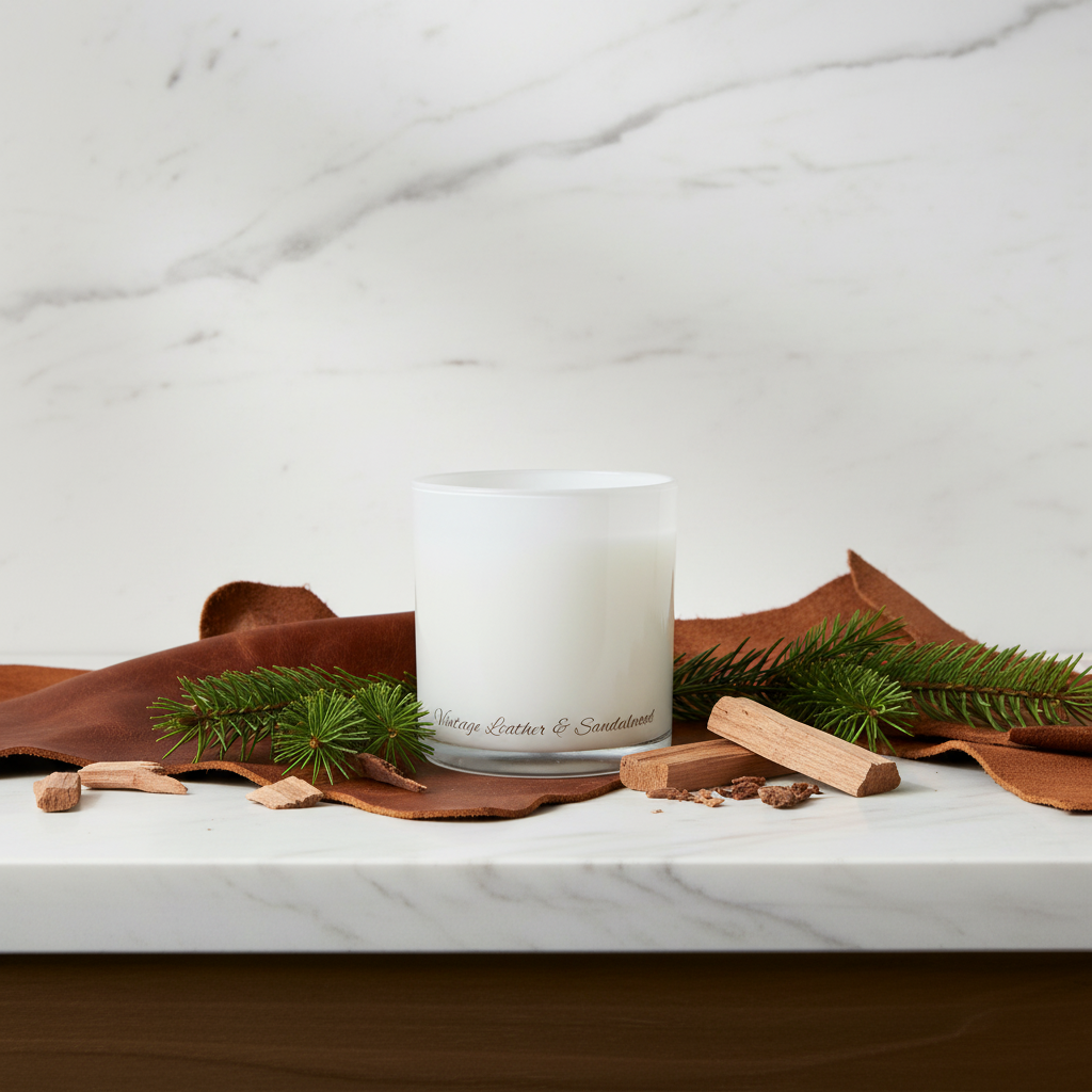 A white candle in a clear glass jar sits on a white marble surface with brown leather, pine branches, and small wooden pieces around it. The candle has subtle black text near the base.