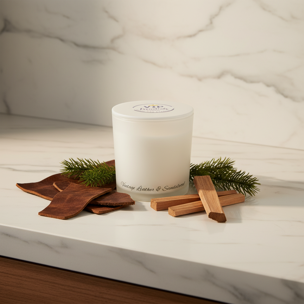 A frosted white cylindrical jar candle with a matching lid. The lid features a circular logo for 'VIP Breakout Candle Co.