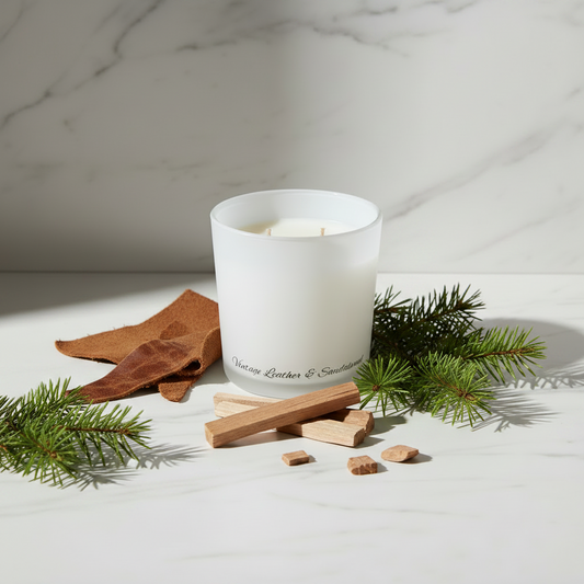 A white glass jar candle with two wicks, featuring the text 'Vintage Leather & Scents' printed in black cursive near the bottom, set against a plain white background.