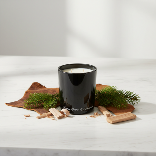 A black glass jar candle with two wicks and off-white wax, featuring white script text near the bottom that reads 'Vintage Leather & Sandalwood', set against a plain white background.