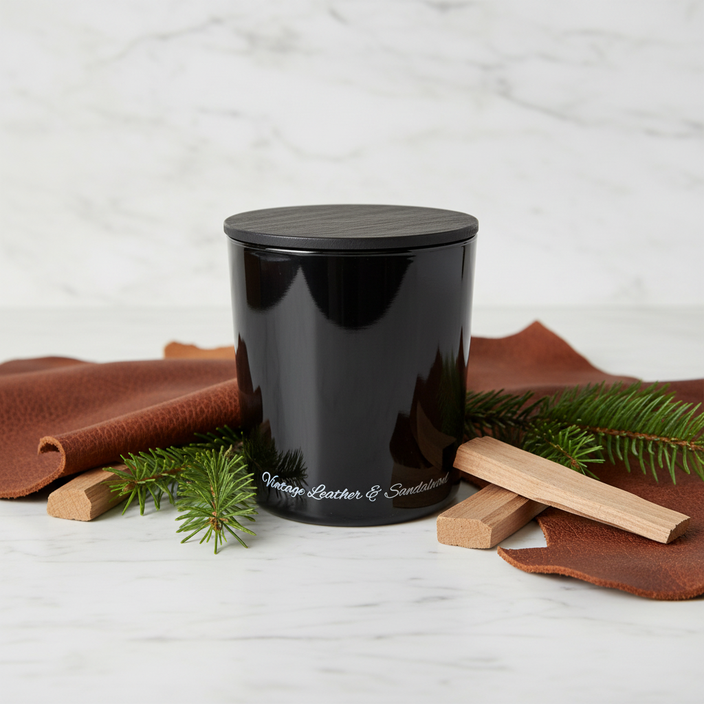 A cylindrical black leather stool with a glossy finish and a light gray wood-grain top, shown against a plain white background.
