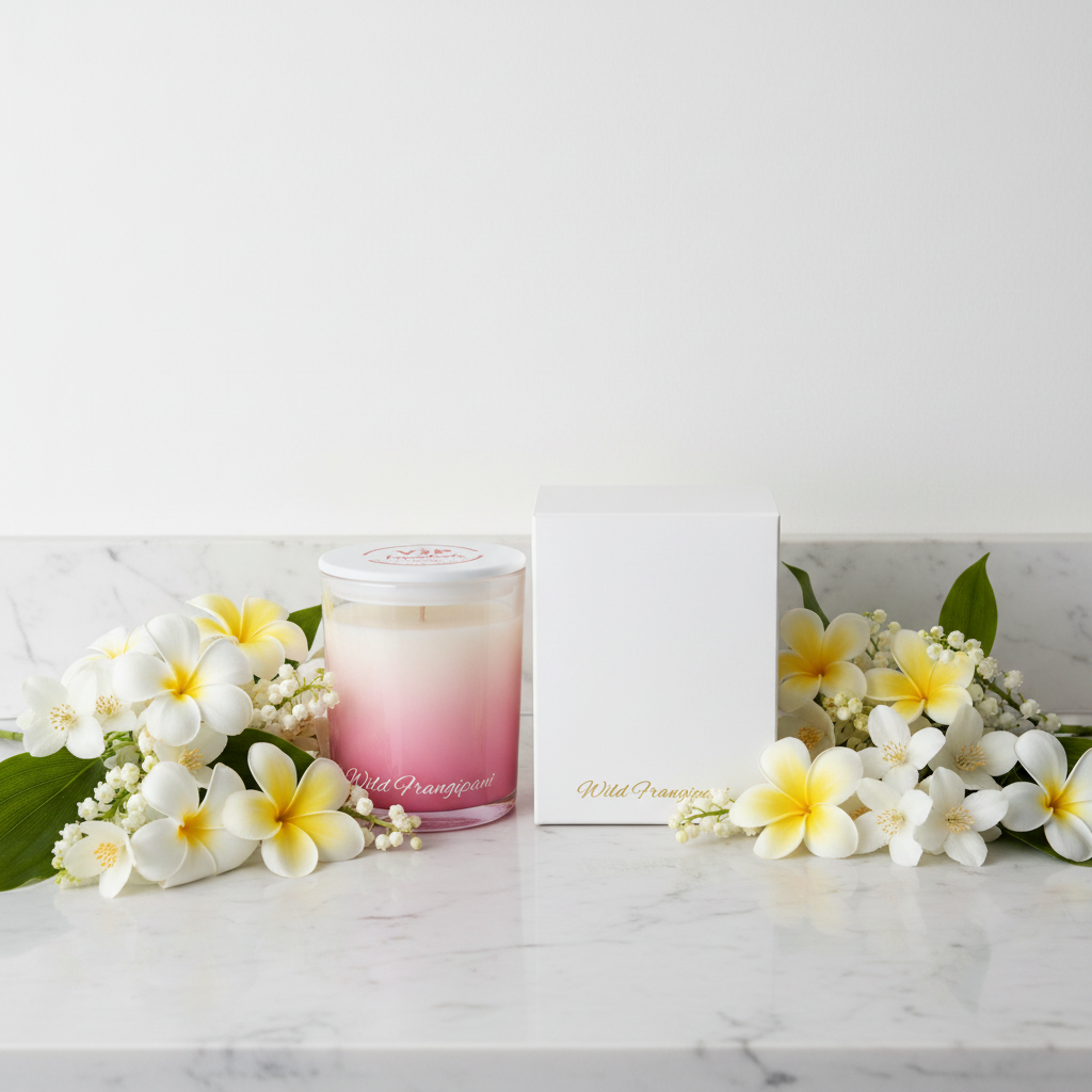 A glass jar candle with a pink-to-cream gradient wax, shown next to its plain white box. The candle lid features a red circular logo that reads 'VIP Wreath', and the base has 'Wild Orangewind' printed in white script.