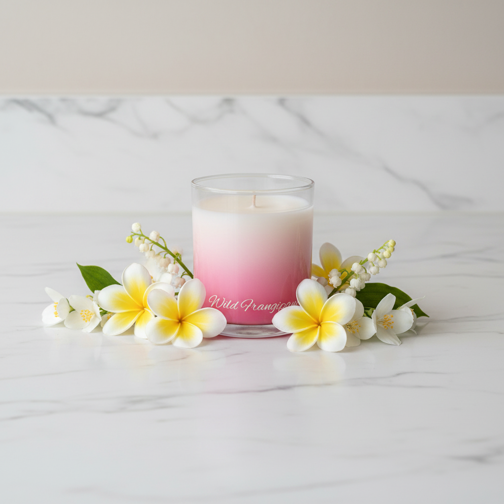 A glass jar candle with a pink-to-white ombre wax design and a single wick, featuring the text 'Wild Prangipani' printed in white script near the bottom, set against a plain white background.