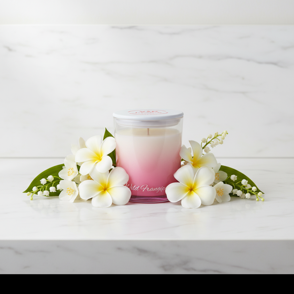 A jar candle with a white-to-pink gradient wax design, featuring a white lid with a red logo for 'Vid Essentials London' and 'Wild Fragrance' printed on the glass base.