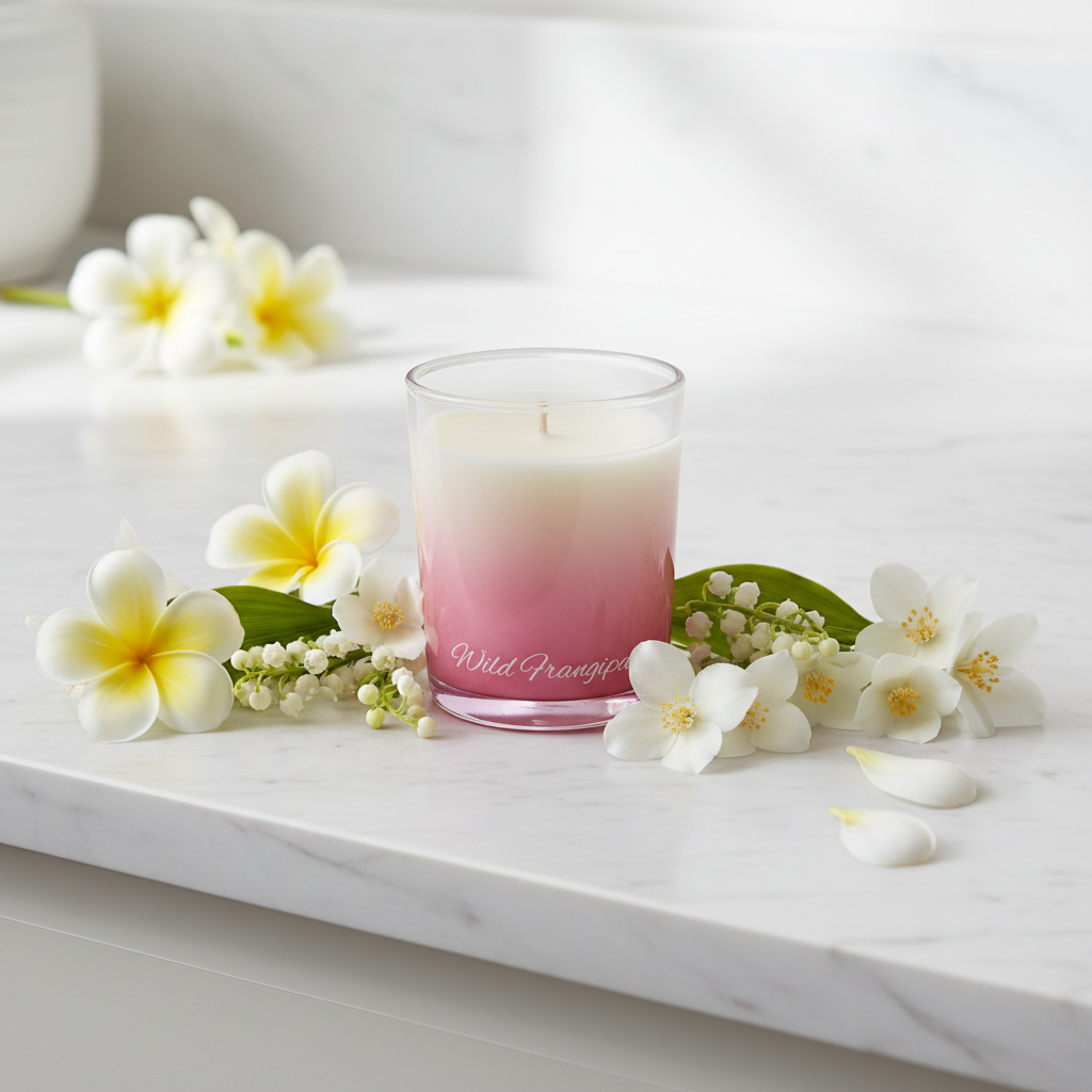 A two-tone gradient scented candle in a clear glass jar, featuring a white wax top and a pink wax bottom, with 'Wild Orangutan' printed in white script near the base.